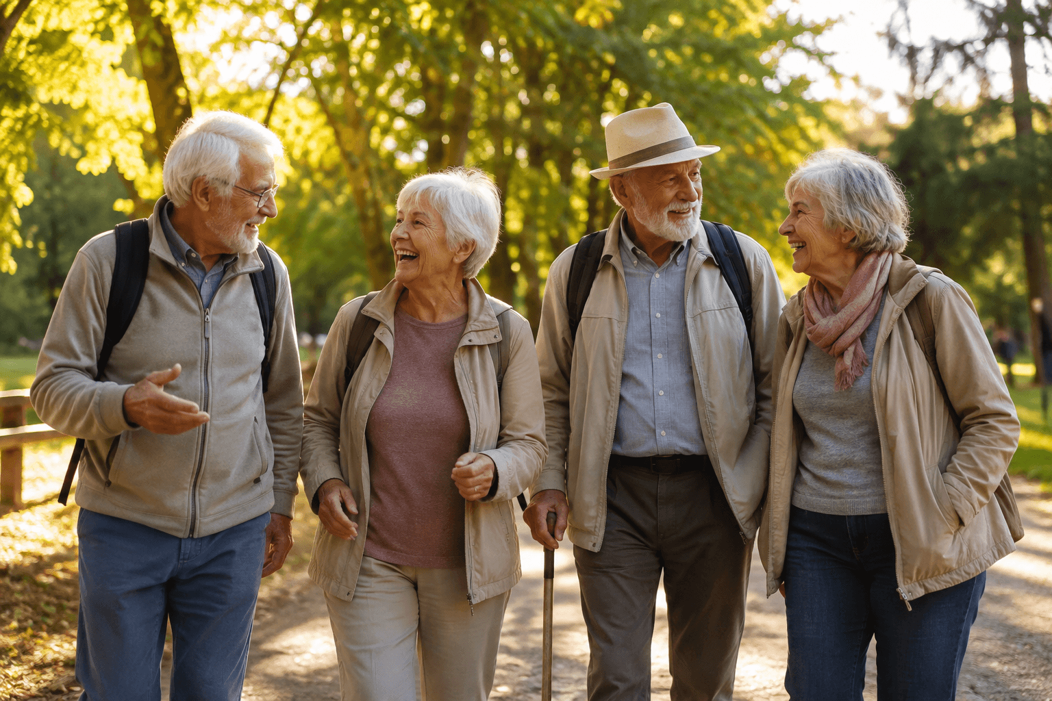 Personnes âgées actives et souriantes marchant ensemble dans un parc ensoleillé, symbole de vitalité et de bien-vieillir