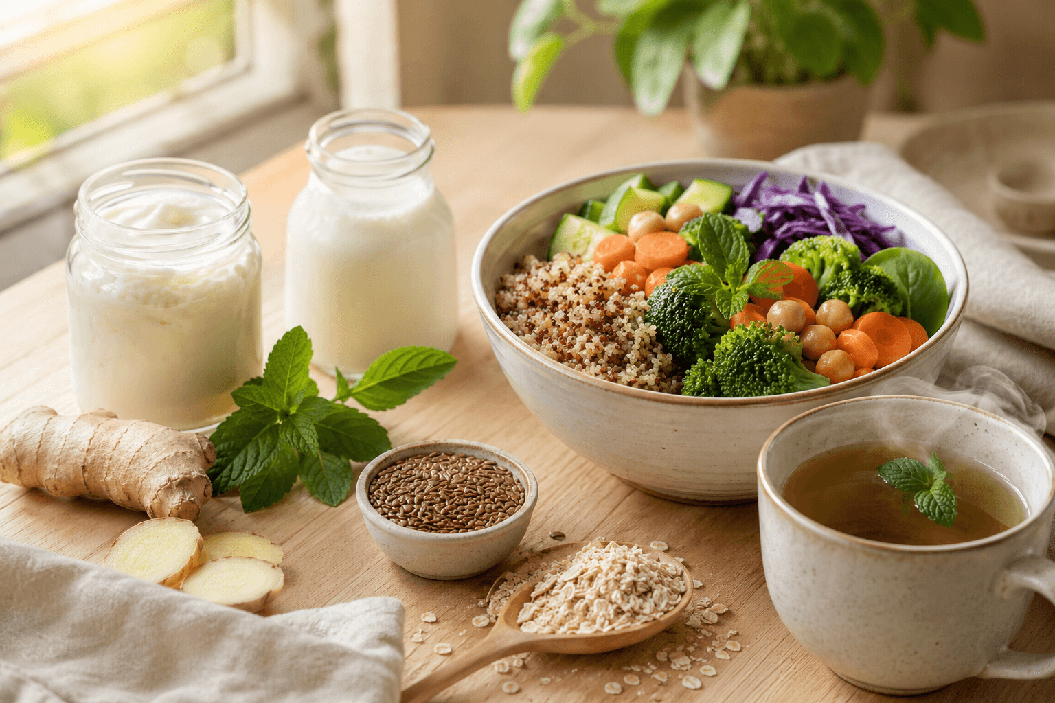 Aliments favorables à la digestion : gingembre, menthe, yaourt et kéfir, légumes riches en fibres et tisane sur une table en bois