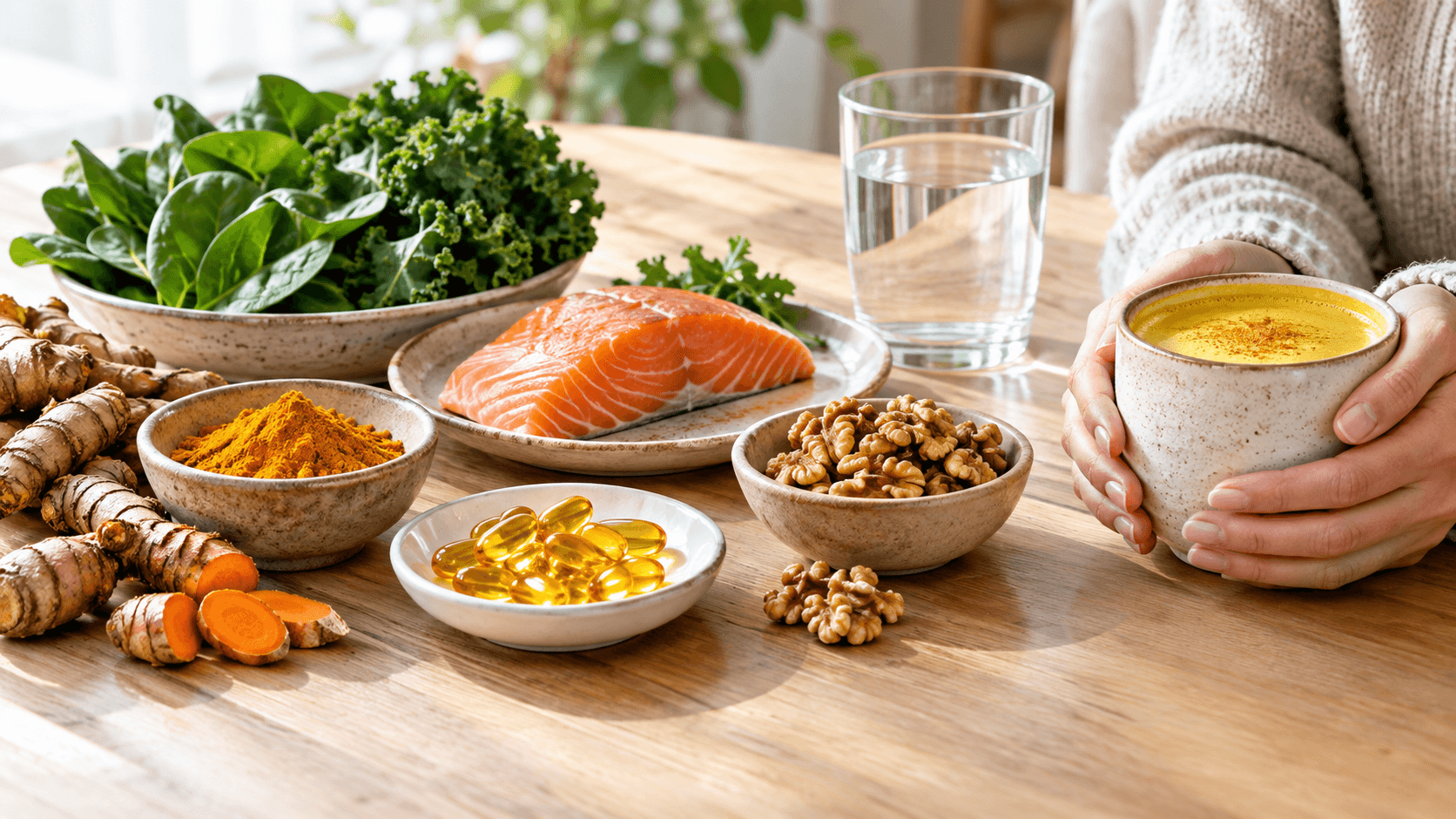 Curcuma frais, gélules d'oméga-3, saumon, noix et légumes verts sur une table en bois, une alimentation anti-inflammatoire.