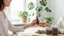 Mains d'une naturopathe tendant un flacon de teinture de plantes à une cliente en consultation