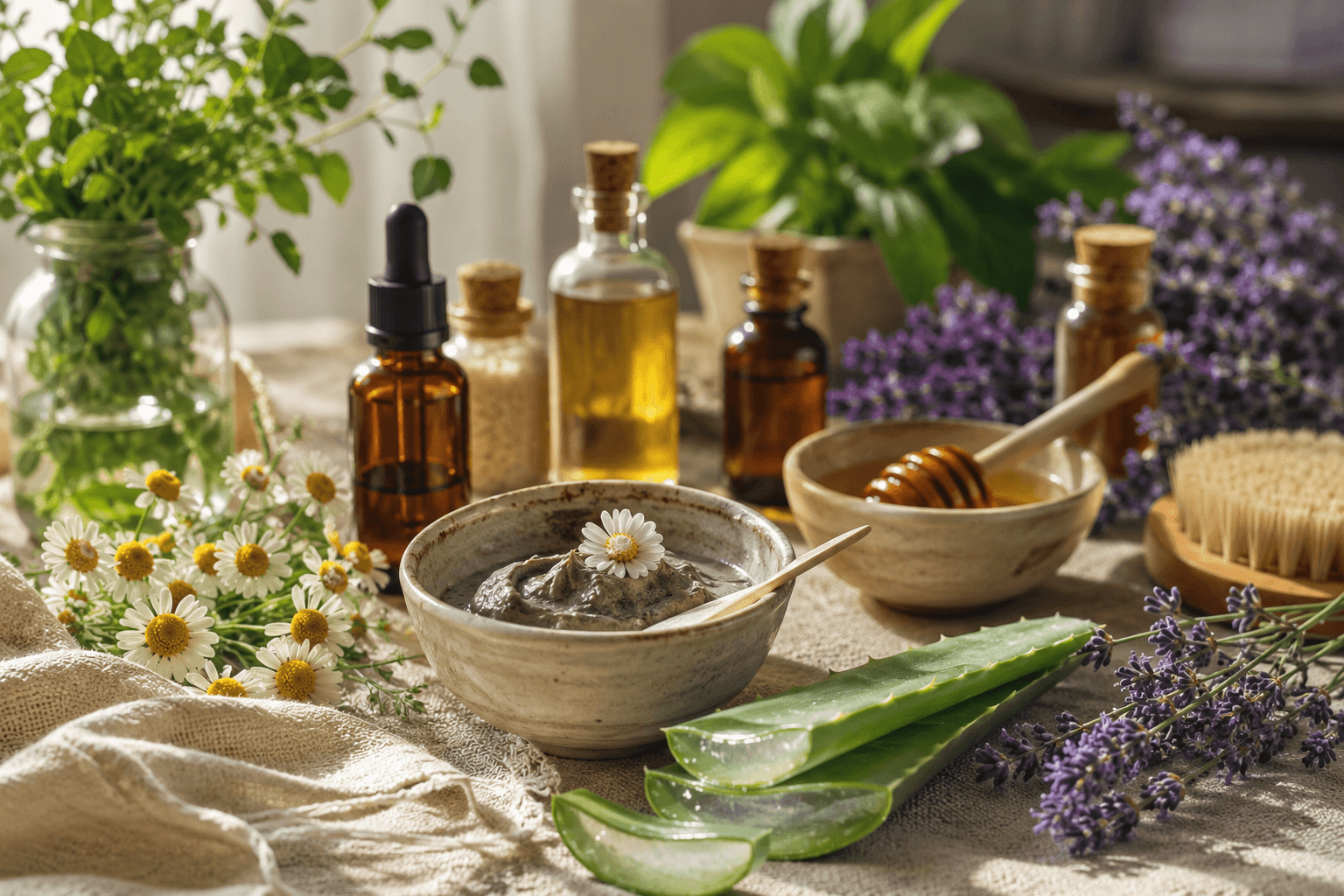 Composition de soins naturels pour la peau : plantes vertes, aloe vera, fleurs de camomille et lavande, huiles végétales et argile sur fond clair lumineux