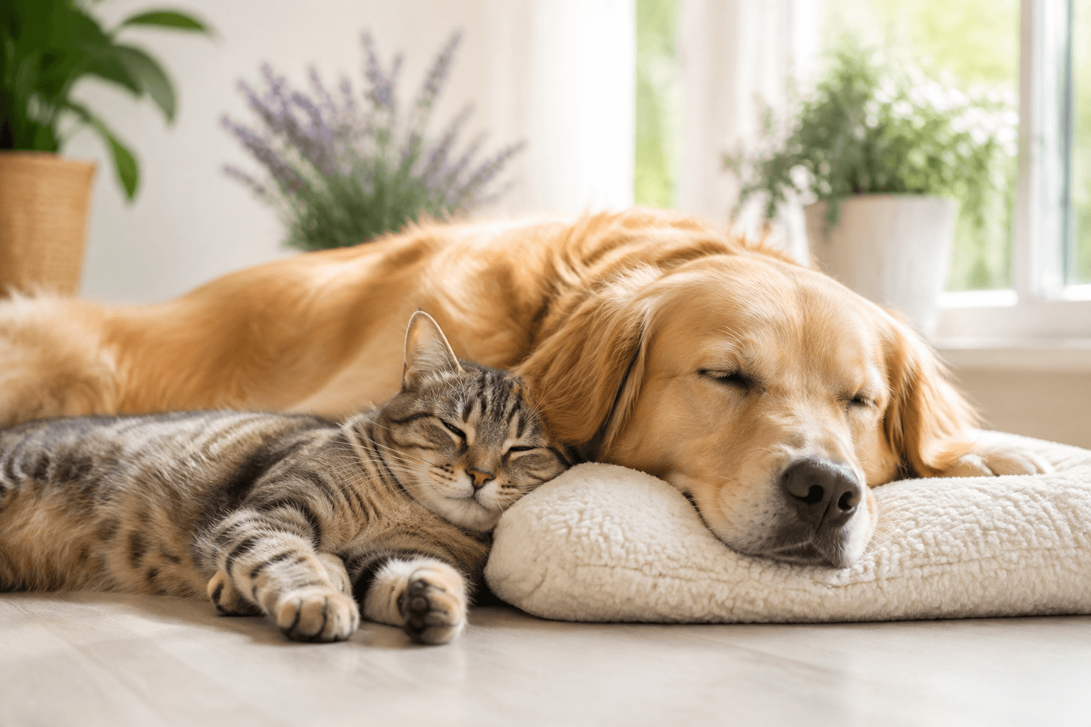 Un chien et un chat sereins et en bonne santé au repos dans un intérieur lumineux avec quelques plantes