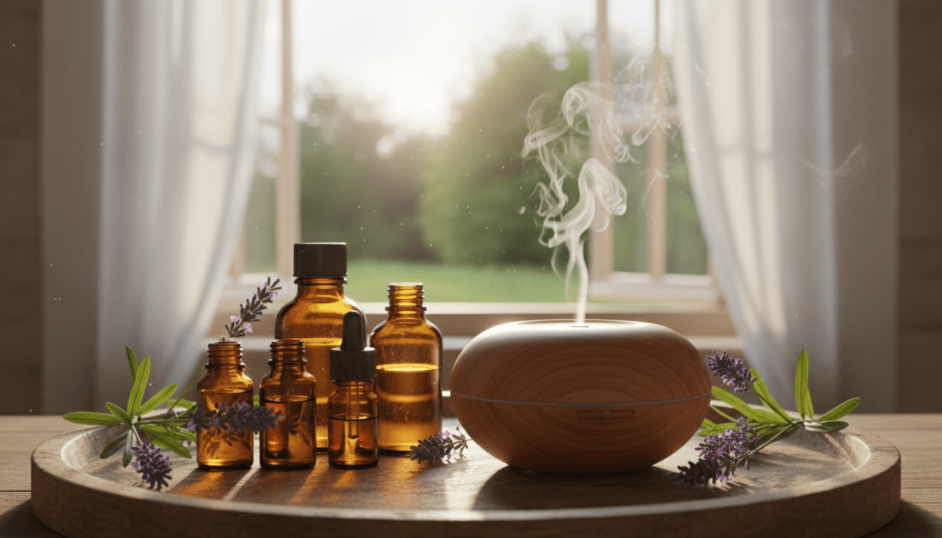 Flacons d'huiles essentielles ambrés avec brins de lavande et vapeur d'un diffuseur en bois, lumière dorée