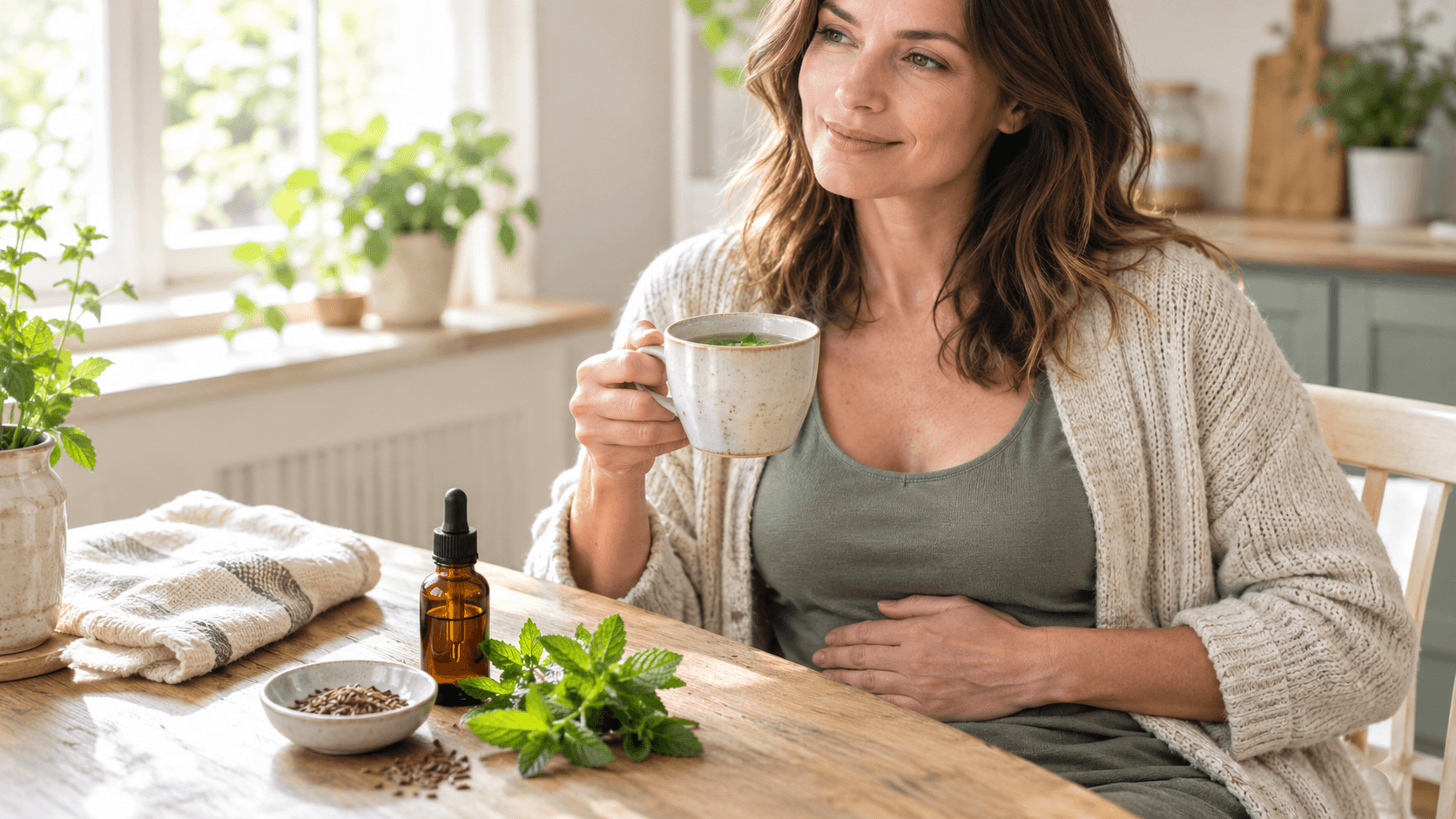Femme sereine, main posée sur le ventre, tisane, flacon d'huile essentielle, menthe fraîche et graines de carvi sur une table