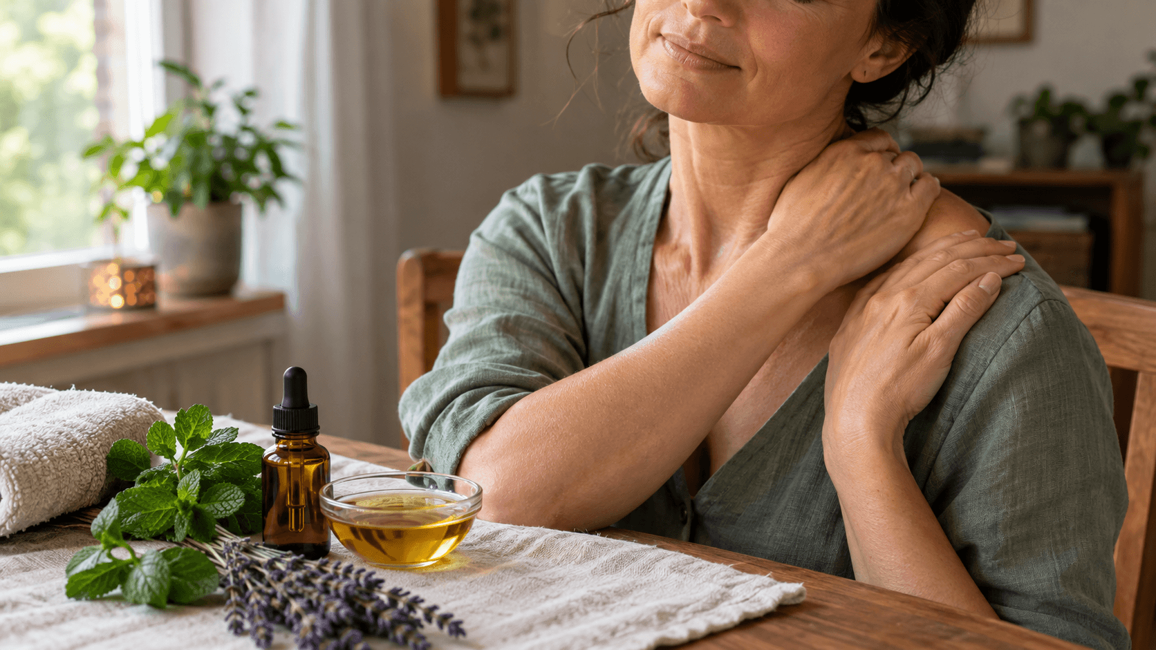 Femme massant sa nuque avec une huile diluée, flacon ambré, menthe poivrée et lavande séchée sur une table en bois