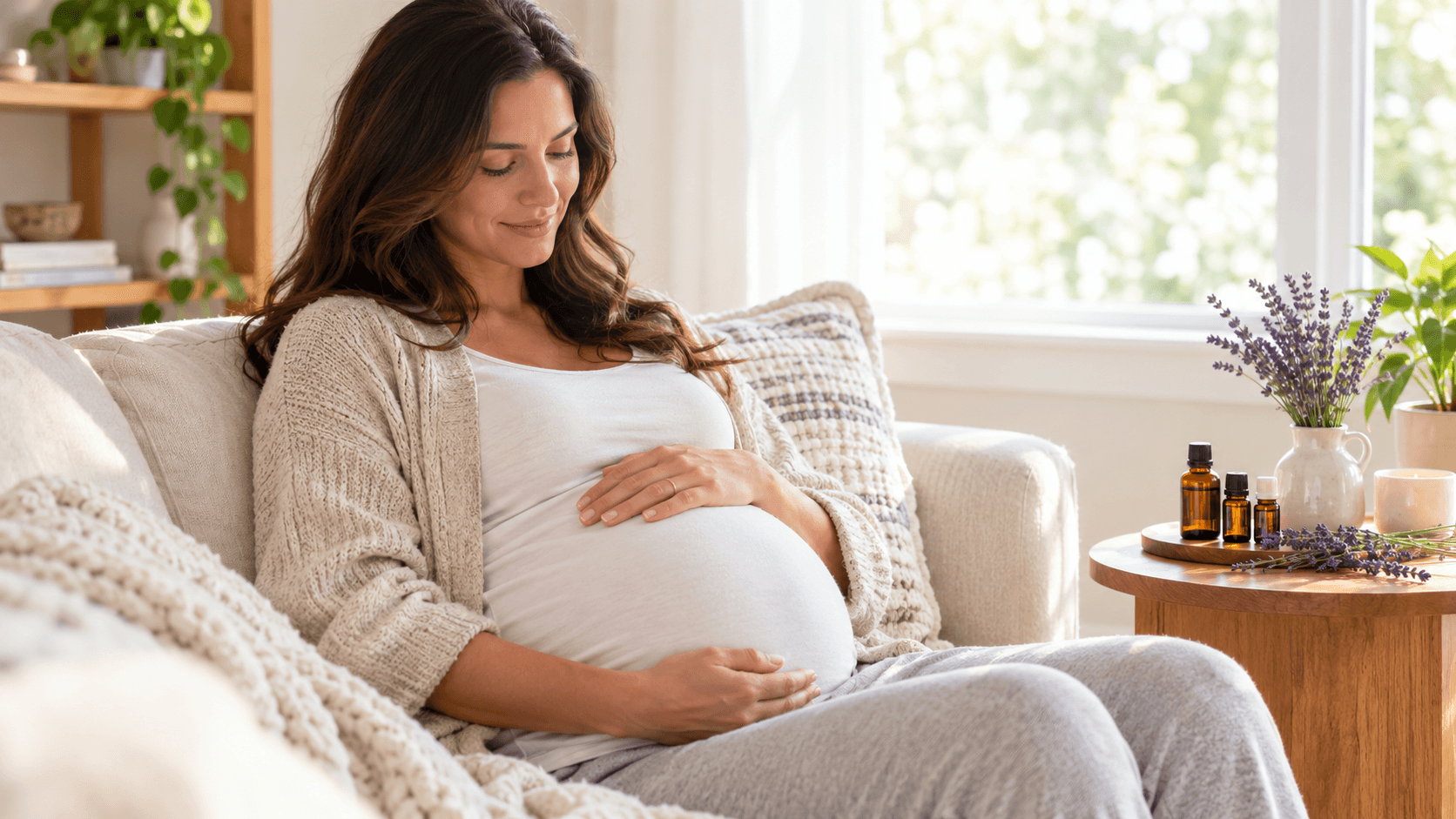 Femme enceinte sereine assise près de flacons d'huiles essentielles ambrés et de brins de lavande fraîche