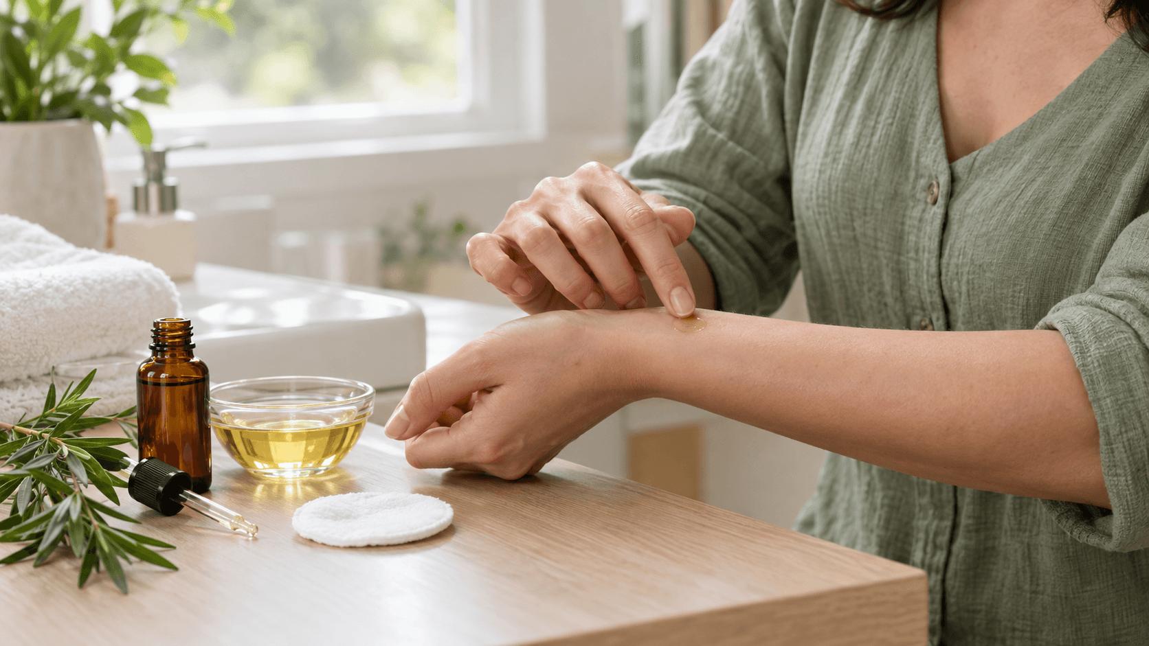 Femme réalisant un test cutané d’huile essentielle diluée sur l’avant-bras, flacon ambré et bol d’huile végétale