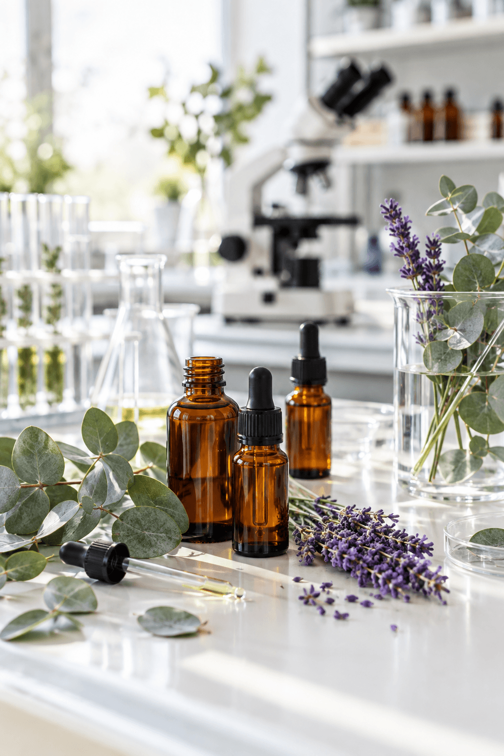 Flacons d'huiles essentielles, lavande et microscope sur une paillasse de laboratoire, recherche en aromathérapie