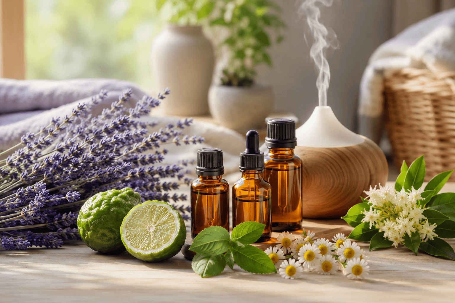 Flacons d'huiles essentielles apaisantes, lavande et fleurs de camomille sur une table en bois avec un diffuseur