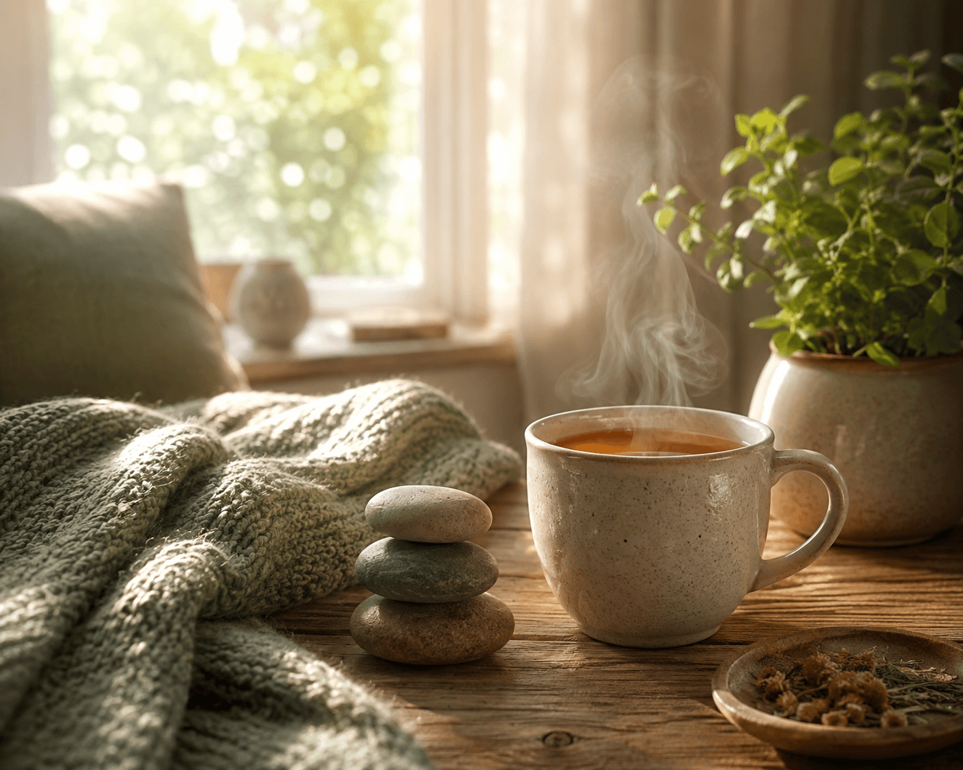 Coin lecture chaleureux et apaisant avec une tasse de tisane, symbole d'un esprit qui se calme et cesse de trop penser