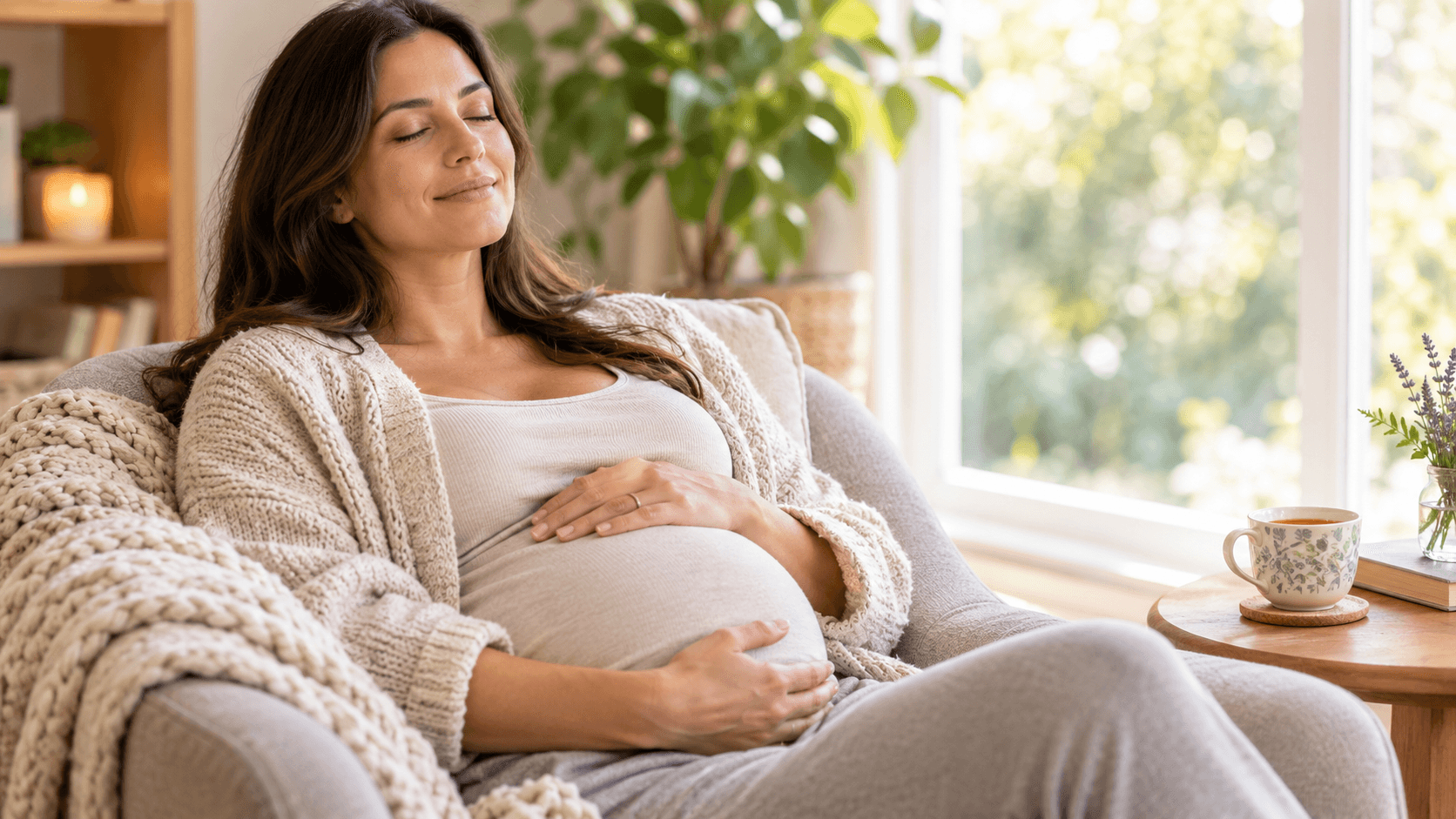 Femme enceinte détendue, une main posée sur son ventre, les yeux fermés lors d'un moment de calme et de respiration.