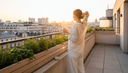 Une femme de dos sur un balcon tient un mug, jardiniere d aromatiques et cendrier retourne sur le muret