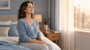 Femme apaisée assise au bord de son lit au réveil, pratiquant une respiration de détente, table de nuit sans somnifère