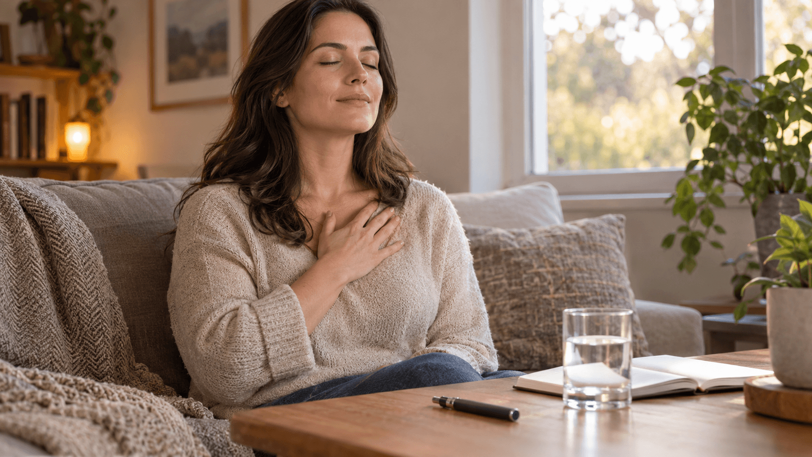 Femme assise sur un canapé, yeux fermés, main sur la poitrine, une cigarette électronique posée à l’écart sur la table basse