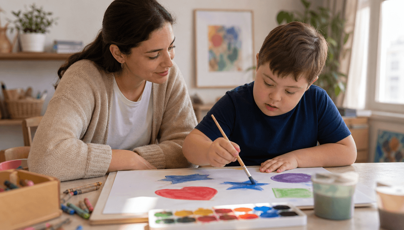 Art-thérapeute accompagnant un enfant autiste qui peint des formes colorées lors d'une séance d'art-thérapie