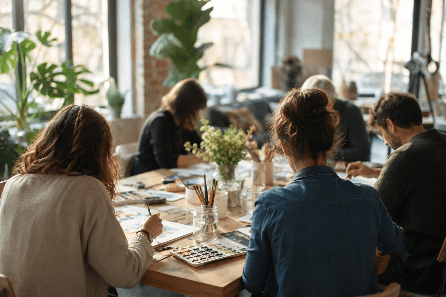Atelier d'art-thérapie en entreprise, des collaborateurs peignent ensemble autour d'une table lumineuse dans une ambiance conviviale de bien-être au travail.