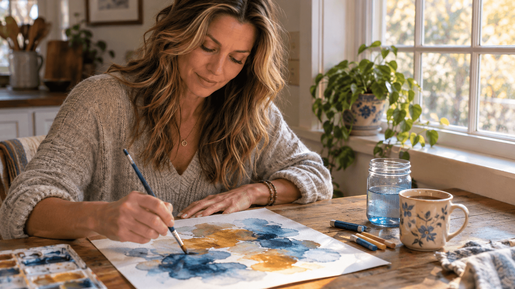 Femme peignant des formes abstraites à l'aquarelle sur une table de cuisine, tasse de thé à côté, pour apaiser son stress