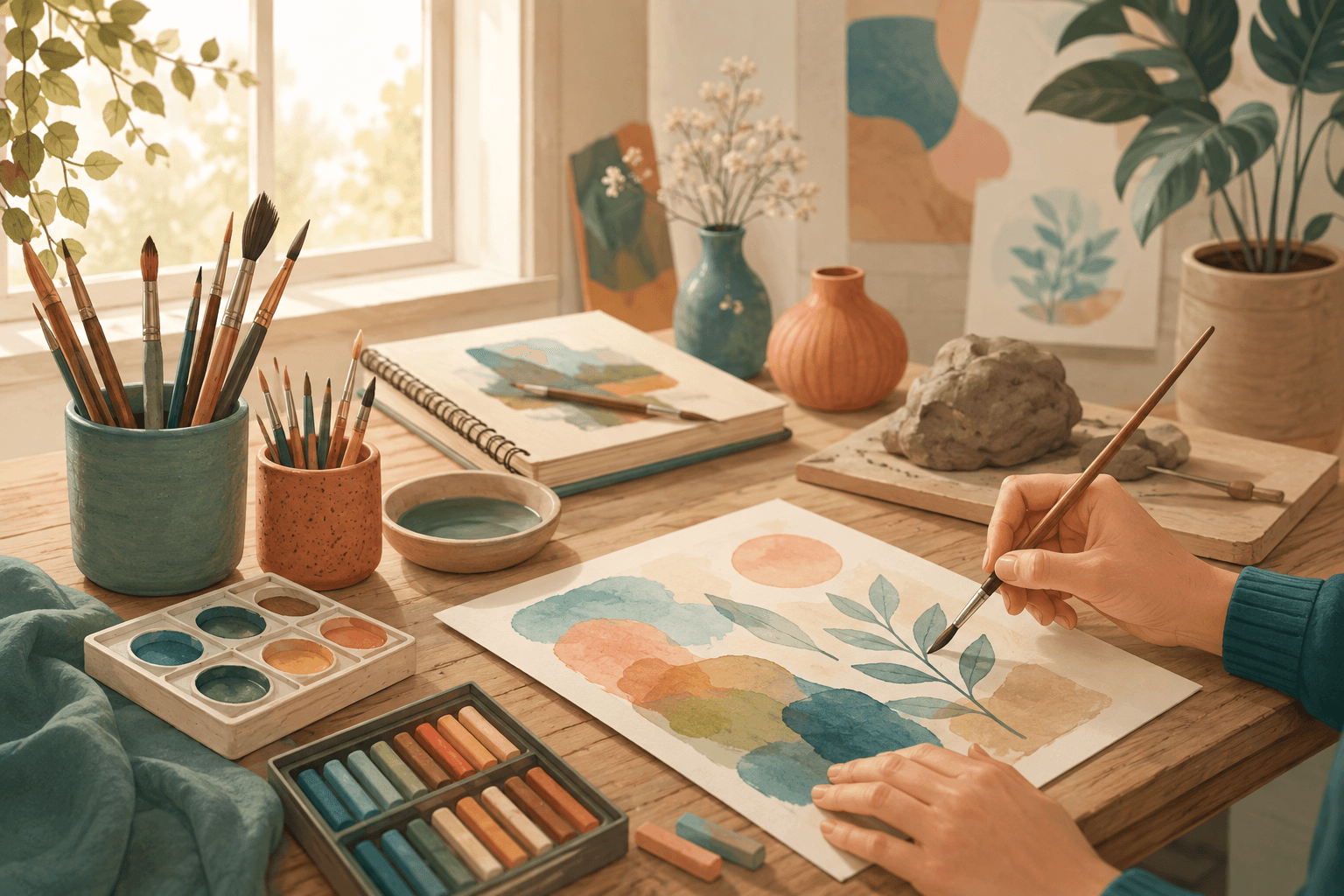 Illustration d'art-thérapie : mains peignant dans un atelier lumineux, avec pastels et argile, dans une ambiance apaisante.