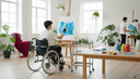 Un adulte en fauteuil roulant, de dos, peint sur un chevalet réglable dans un atelier accessible