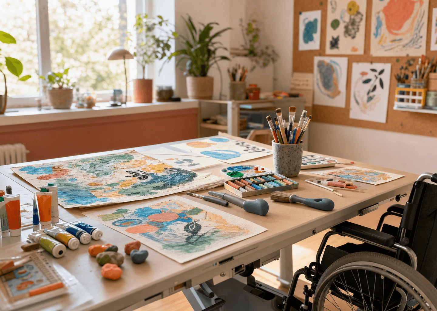 Atelier d'art-thérapie lumineux et inclusif avec du matériel créatif coloré sur une table adaptée