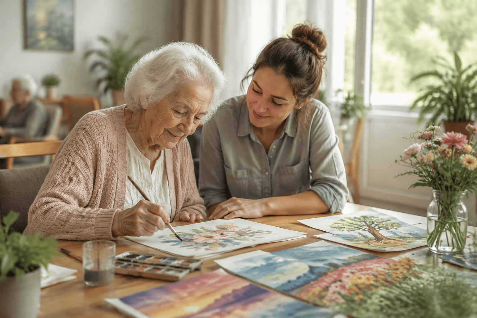 Personne âgée peignant à l'aquarelle accompagnée d'une art-thérapeute dans une maison de retraite lumineuse