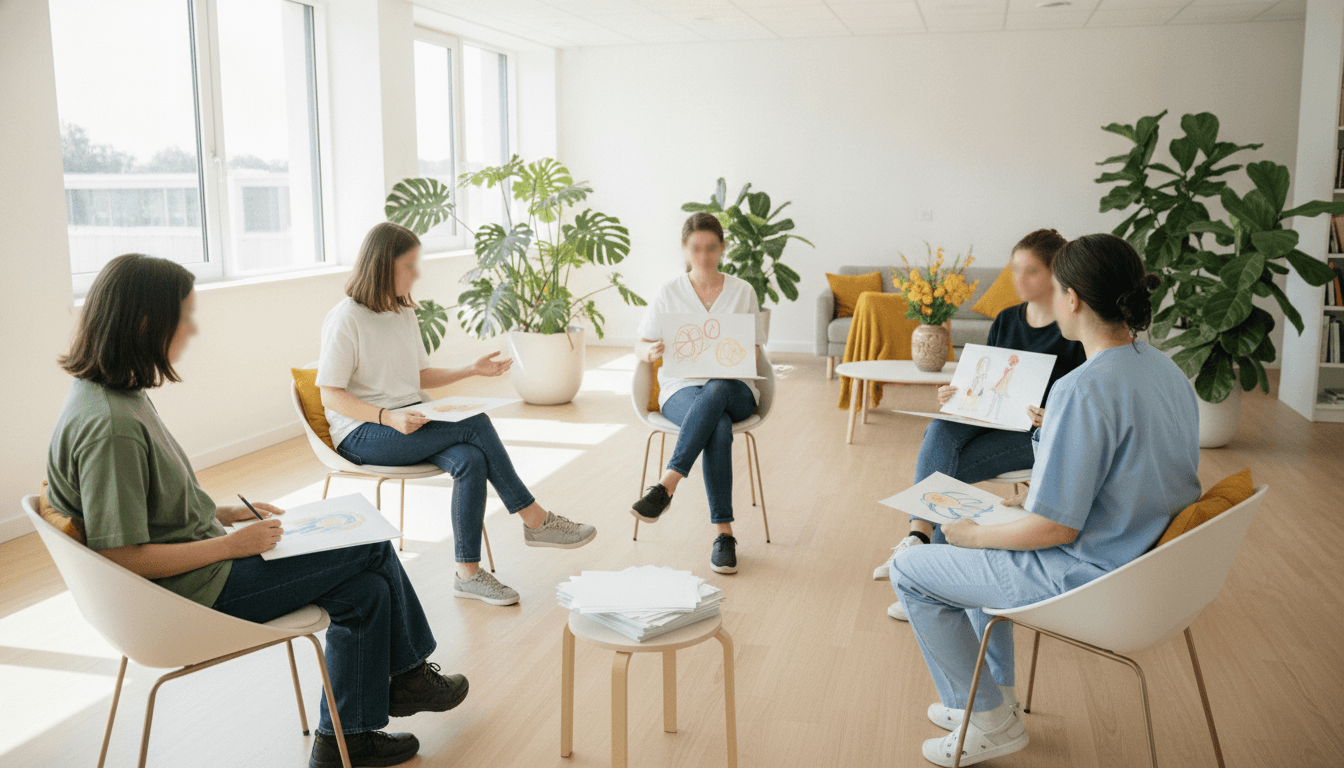 Groupe assis en cercle de dos, chacun tenant un dessin, dans une salle d'hôpital de jour