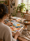 Personne de dos composant un collage coloré et modelant de l'argile dans un atelier d'art-thérapie lumineux et apaisant