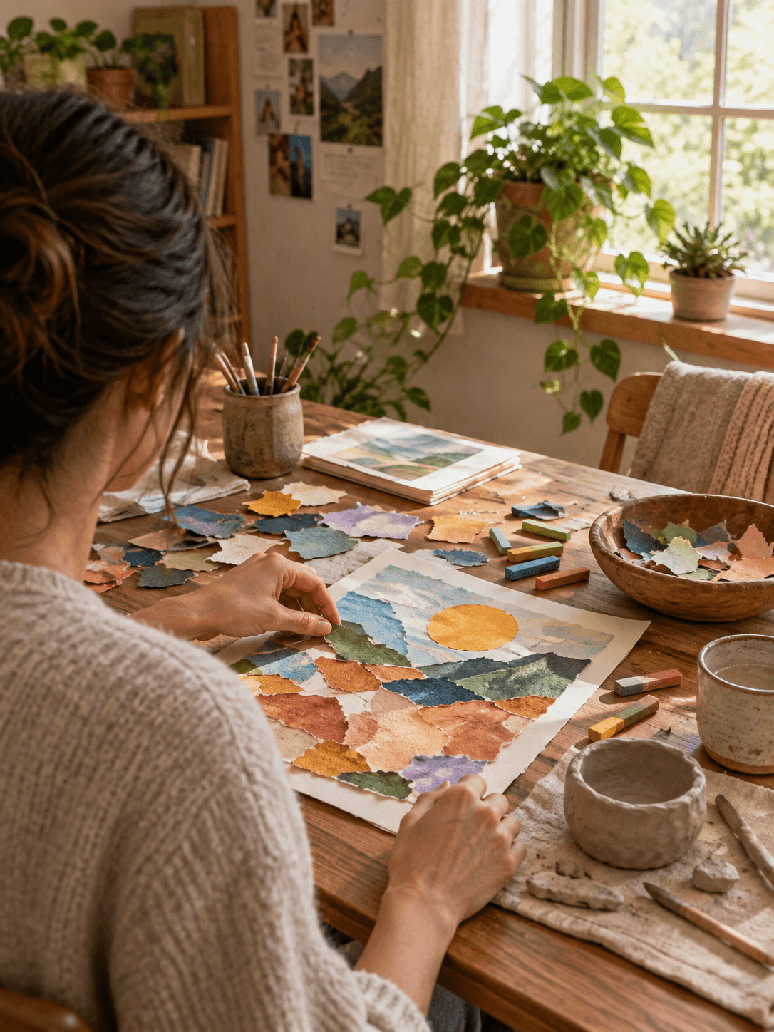 Personne de dos composant un collage coloré et modelant de l'argile dans un atelier d'art-thérapie lumineux et apaisant