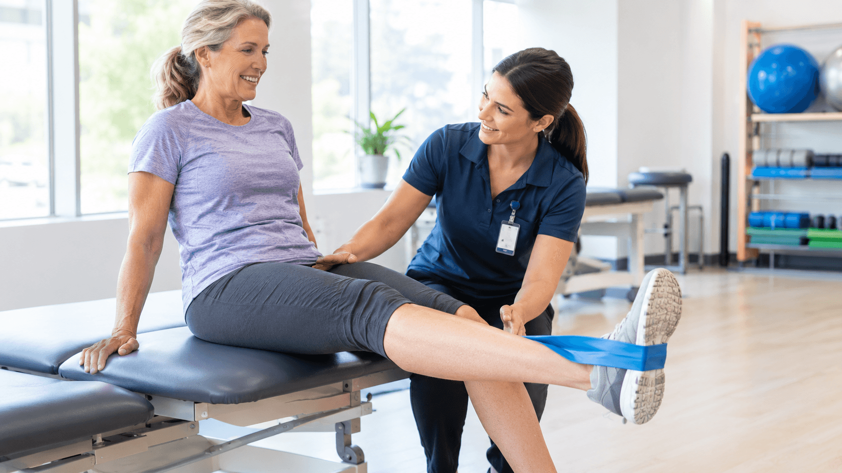 Kinésithérapeute guidant un adulte lors d'un exercice de renforcement du genou avec une bande élastique en clinique