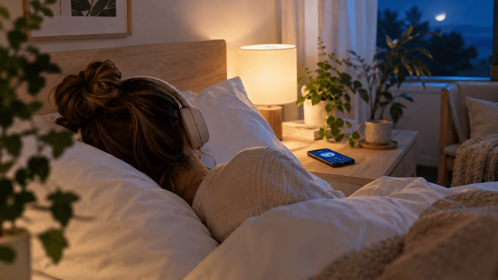 Femme de dos allongée dans son lit la nuit, un casque audio sur les oreilles, lampe de chevet et smartphone allumé