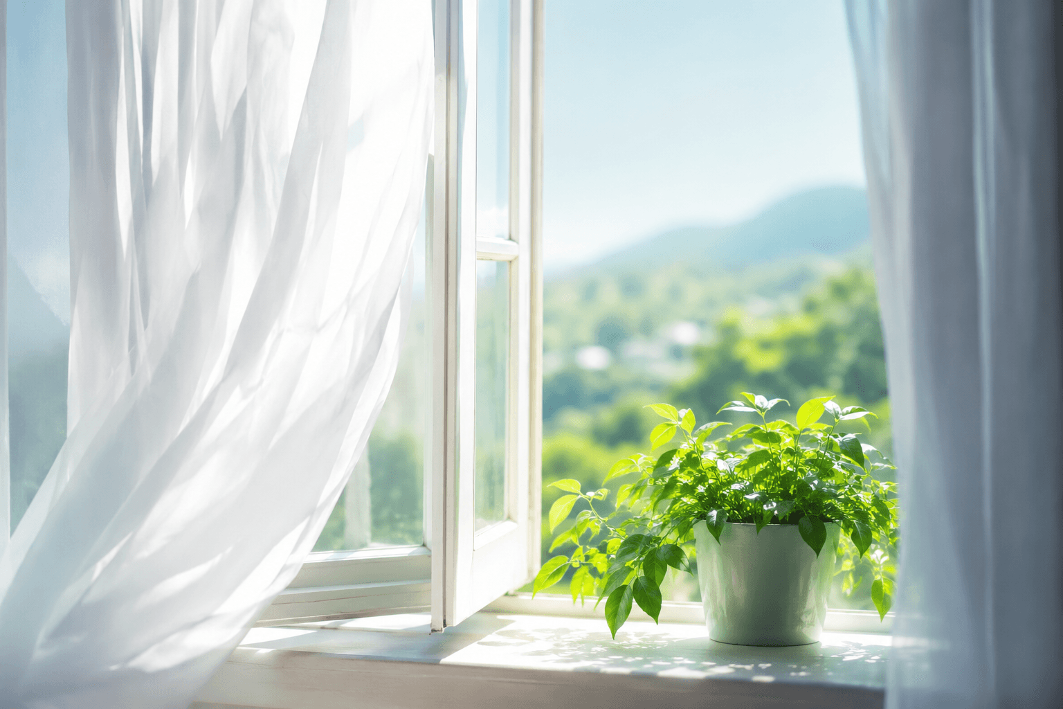Fenêtre ouverte, rideaux blancs et plante verte baignés de lumière douce, évoquant une respiration apaisée et un air pur