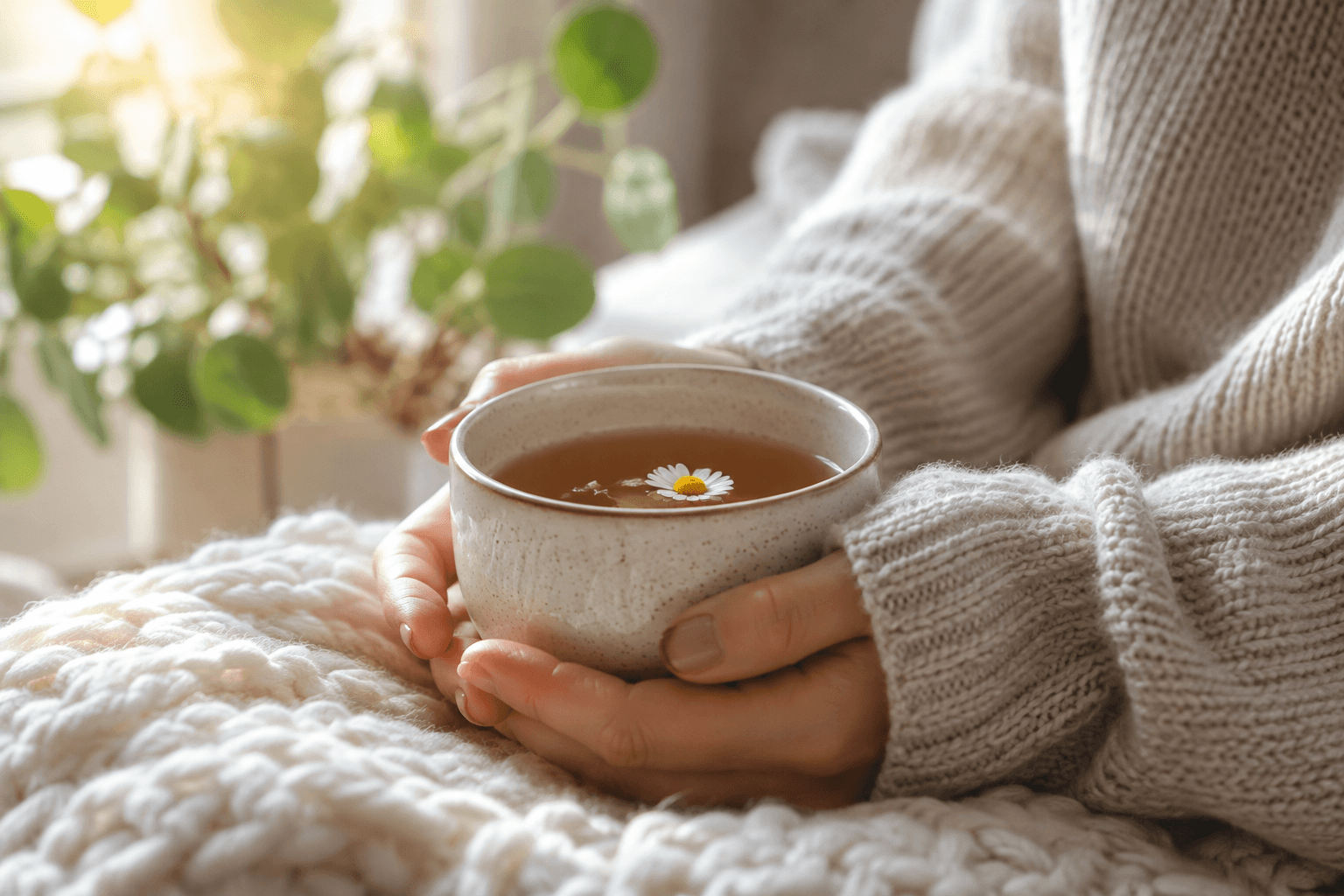 Mains tenant délicatement une tasse chaude, symbole de douceur et d'auto-compassion