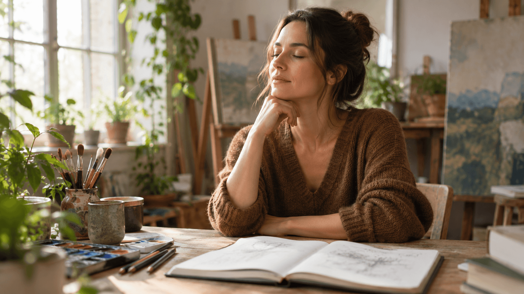 Artiste les yeux fermés en auto-hypnose à son bureau, carnet et pinceaux devant elle, dans un atelier lumineux et apaisé.
