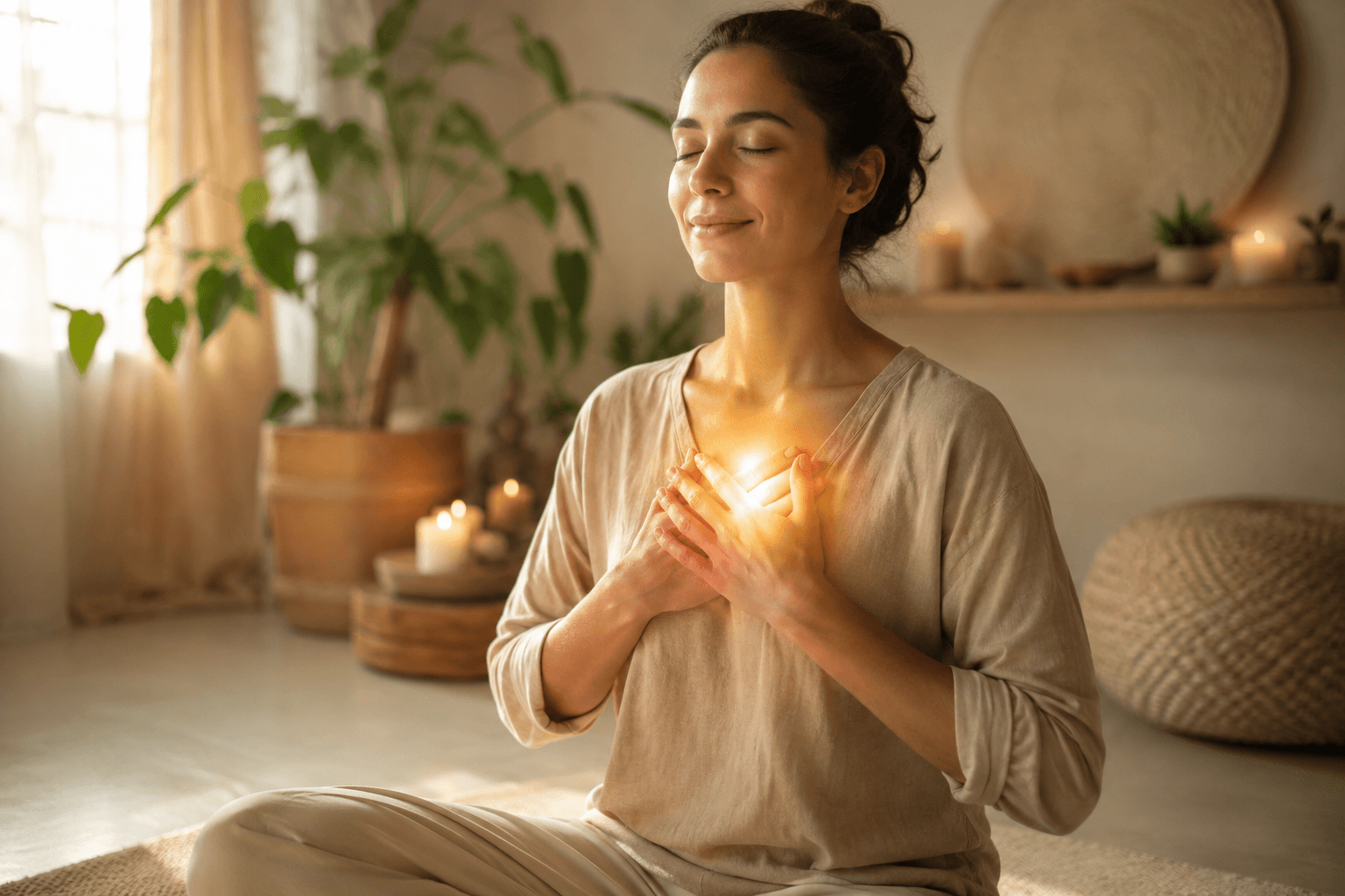Personne assise dans une posture calme, mains posées sur elle-même lors d'une séance d'auto-traitement Reiki de détente