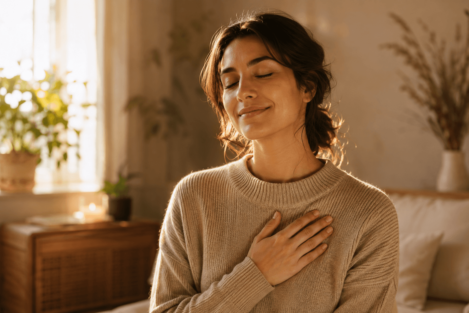 Personne apaisée, une main posée sur le cœur, exprimant douceur et bienveillance envers elle-même dans une lumière chaleureuse