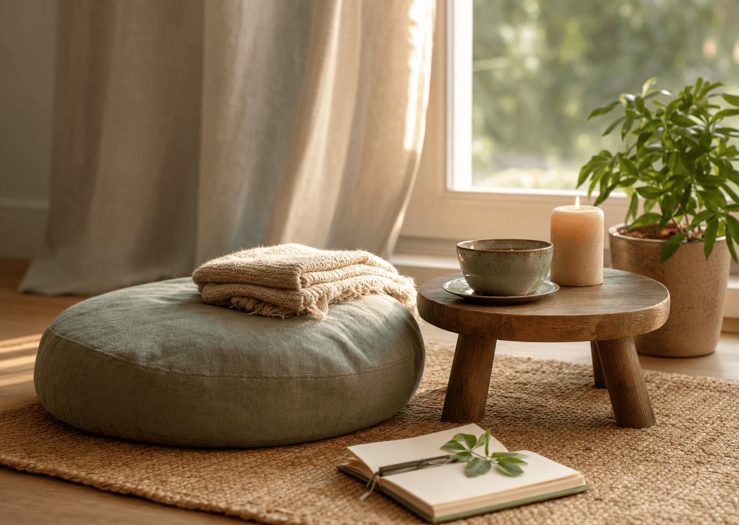 Coin cosy et lumineux propice à la détente et à la pratique de l'autohypnose à la maison