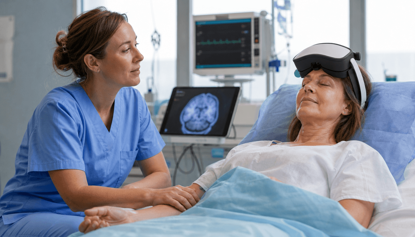 Patiente détendue les yeux fermés, casque de réalité virtuelle sur le front, près d'une infirmière en salle de soins
