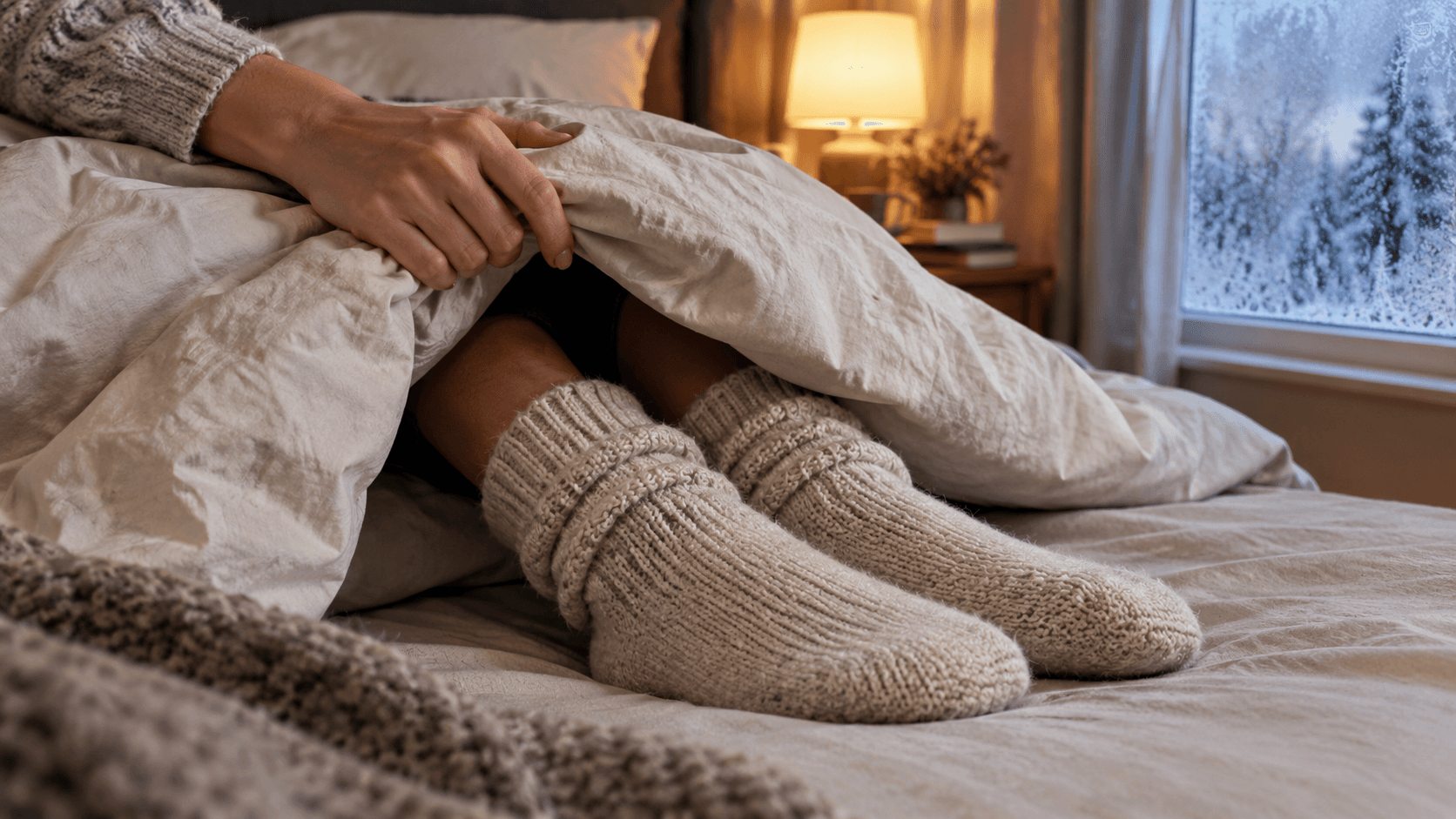 Pieds en chaussettes de laine au bout d’un lit d’hiver, sous une couette, près d’une fenêtre givrée et d’une lampe chaude