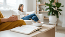 Gros plan sur des mains tenant une tasse sur les genoux, carnet d'humeur ouvert sur la table basse