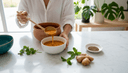 Vue plongeante sur des mains versant une soupe de lentilles épicée dans un bol, cumin et gingembre
