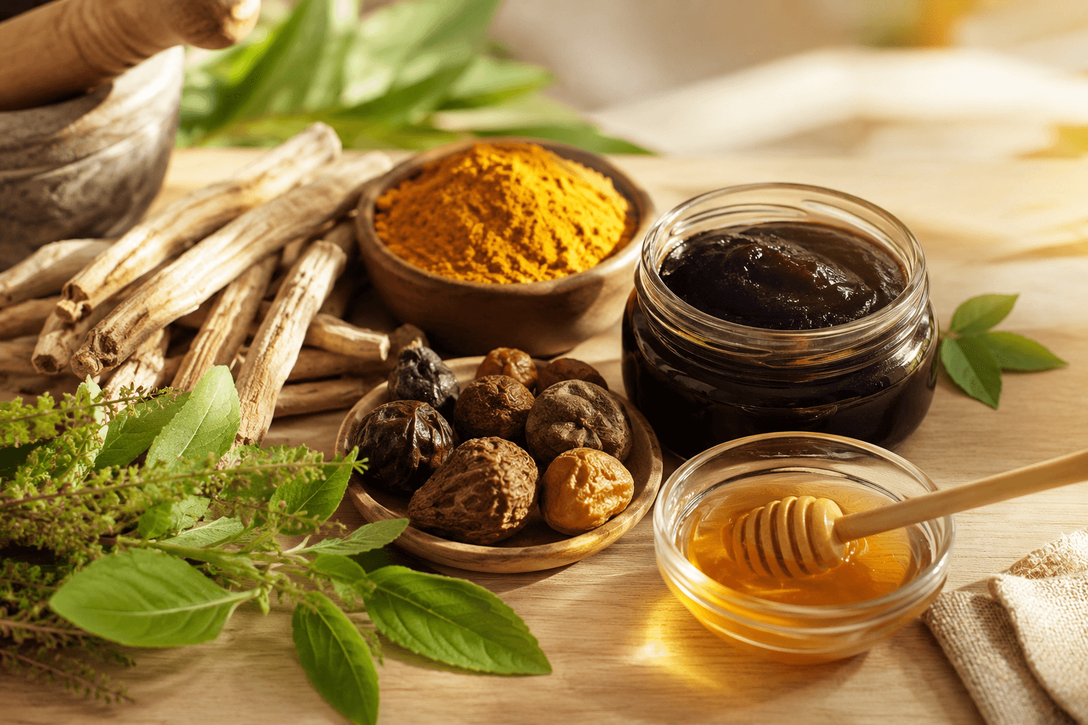 Composition ayurvédique pour soutenir l'immunité : racine d'ashwagandha, poudre de curcuma, feuilles de tulsi, fruits de triphala, chyawanprash et miel sur une table en bois clair