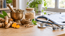 Racines de curcuma, mortier en laiton et poudre d'ashwagandha à côté d'un stéthoscope moderne sur une table en bois clair