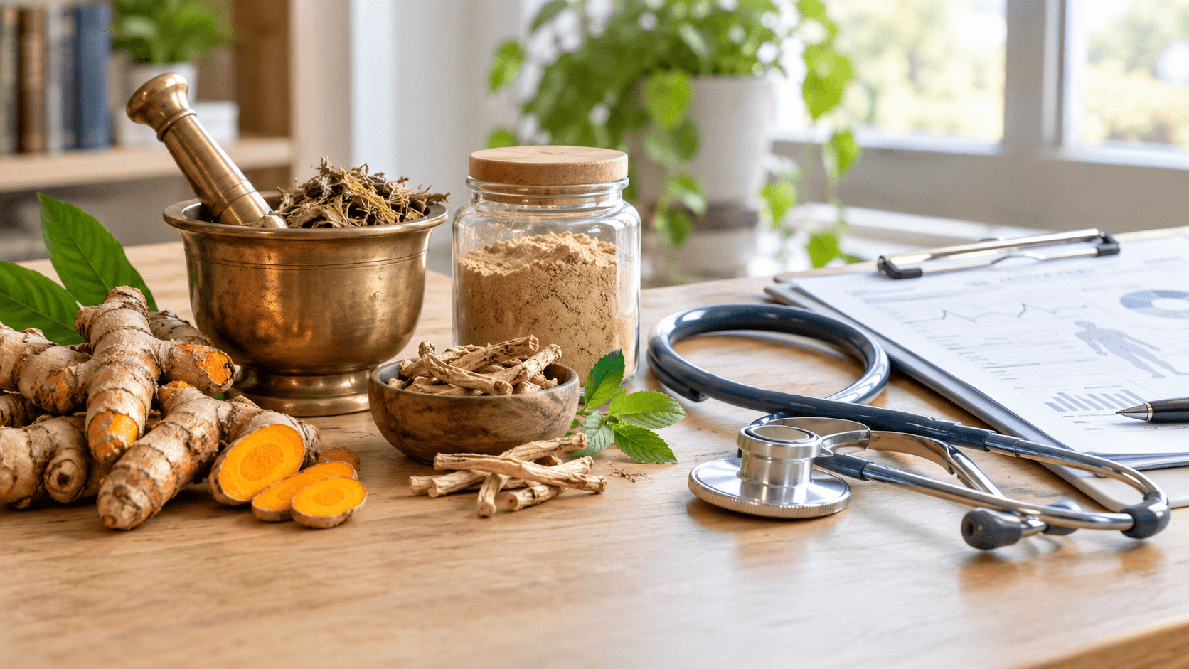 Racines de curcuma, mortier en laiton et poudre d'ashwagandha à côté d'un stéthoscope moderne sur une table en bois clair
