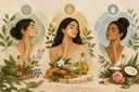 Illustration éditoriale de soins de peau naturels ayurvédiques : curcuma, plantes et huile végétale sur lin naturel