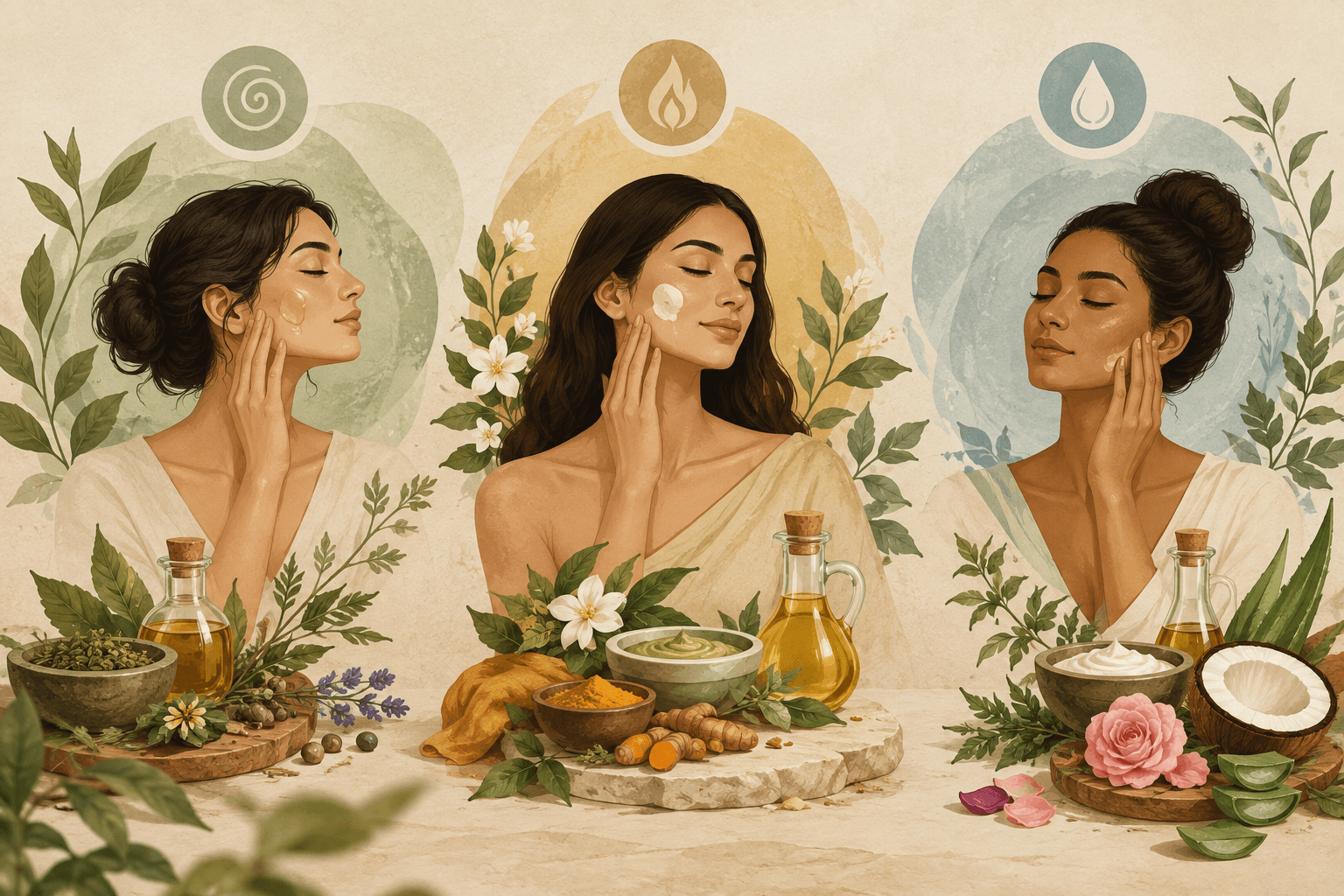 Illustration éditoriale de soins de peau naturels ayurvédiques : curcuma, plantes et huile végétale sur lin naturel