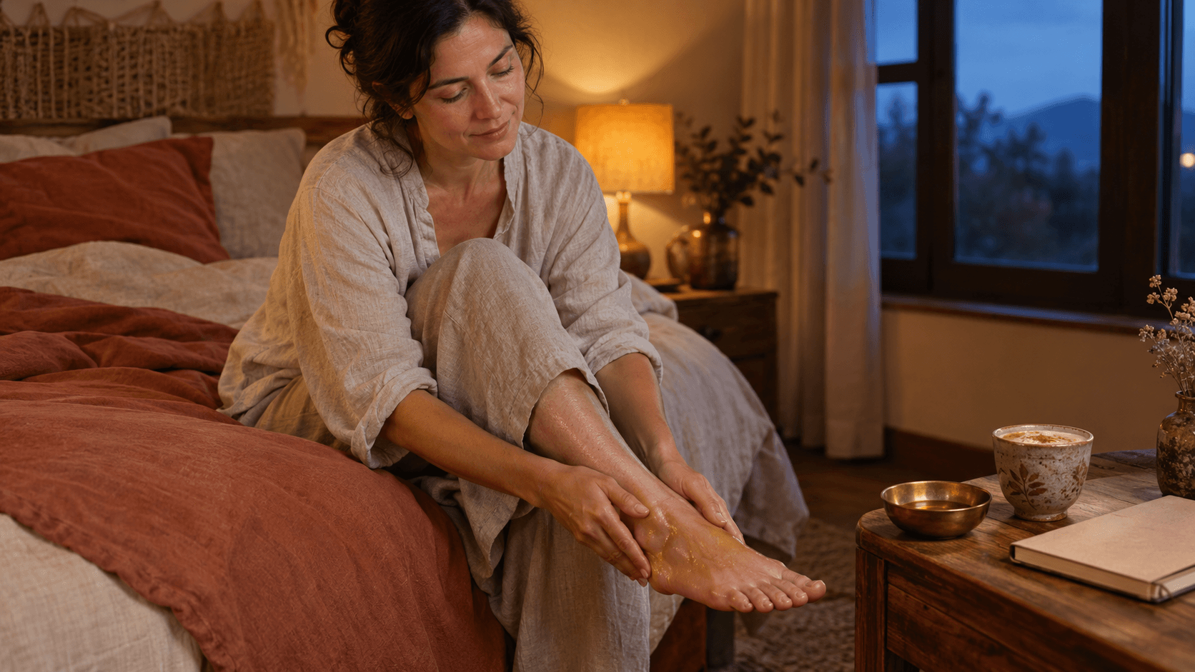 Personne assise au bord du lit massant ses pieds à l'huile de sésame tiède, bol en laiton et lait chaud sur la table de nuit