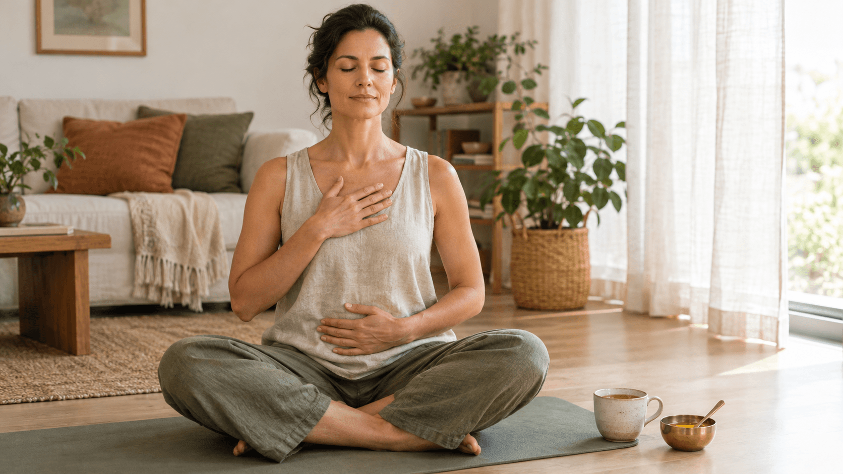 Femme assise en tailleur sur un tapis de yoga pratiquant une respiration lente, avec une tisane et un bol d'huile de sésame