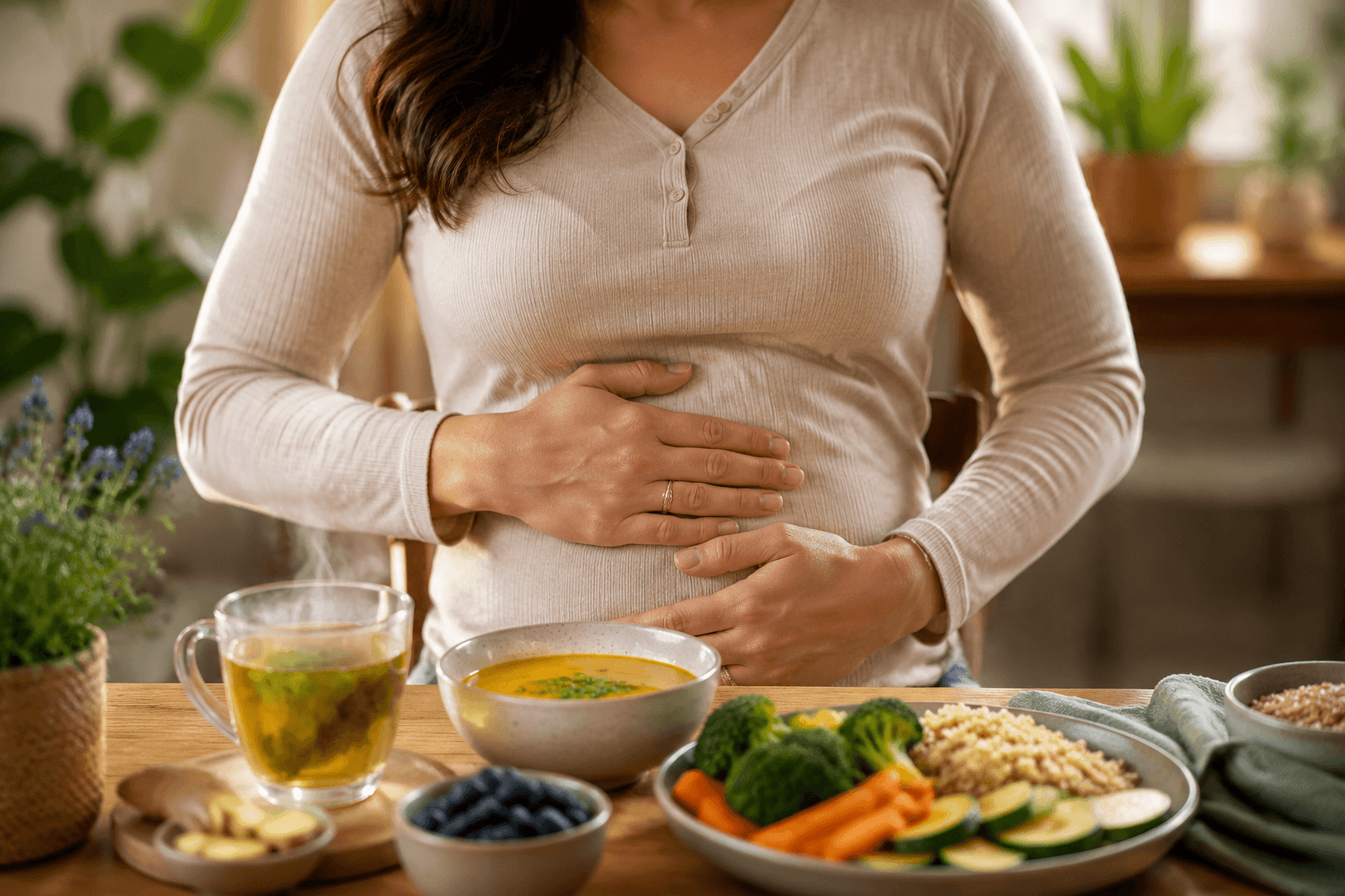 Femme souriante posant les mains sur un ventre détendu, entourée d'aliments digestes et d'une tisane, illustrant le confort digestif retrouvé face aux ballonnements et aux gaz