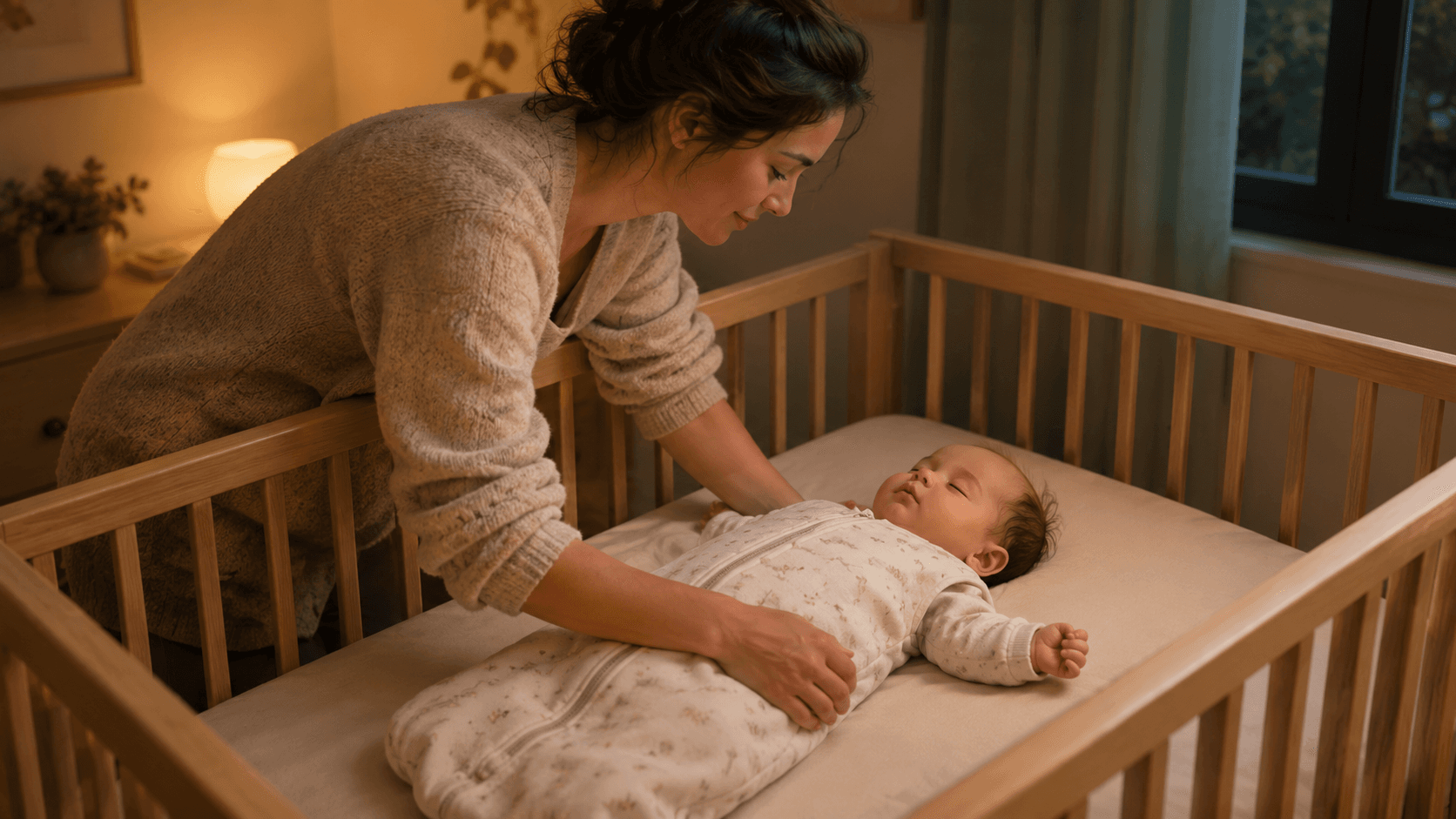 Parent déposant un bébé endormi sur le dos dans un lit vide, en gigoteuse, sous la lumière douce du soir