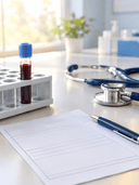 Tube de sang dans un portoir de laboratoire, à côté d'une ordonnance d'analyses, d'un stylo et d'un stéthoscope
